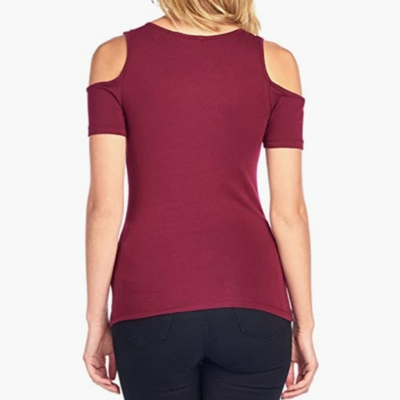 Burgundy lowcut criss cross cutout shoulders top - Picture 2 of 2